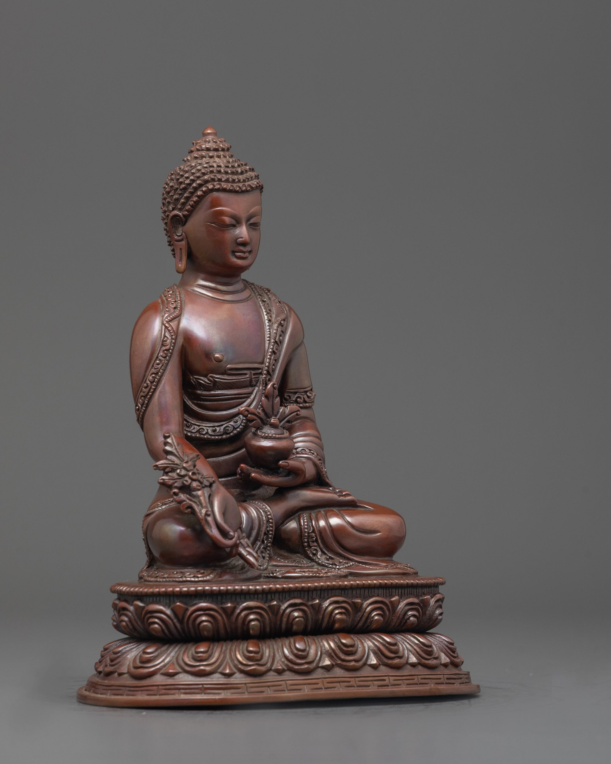 Side angle Bhaisajyaguru Oxidized Statue showing detailed robe and myrobalan plant

