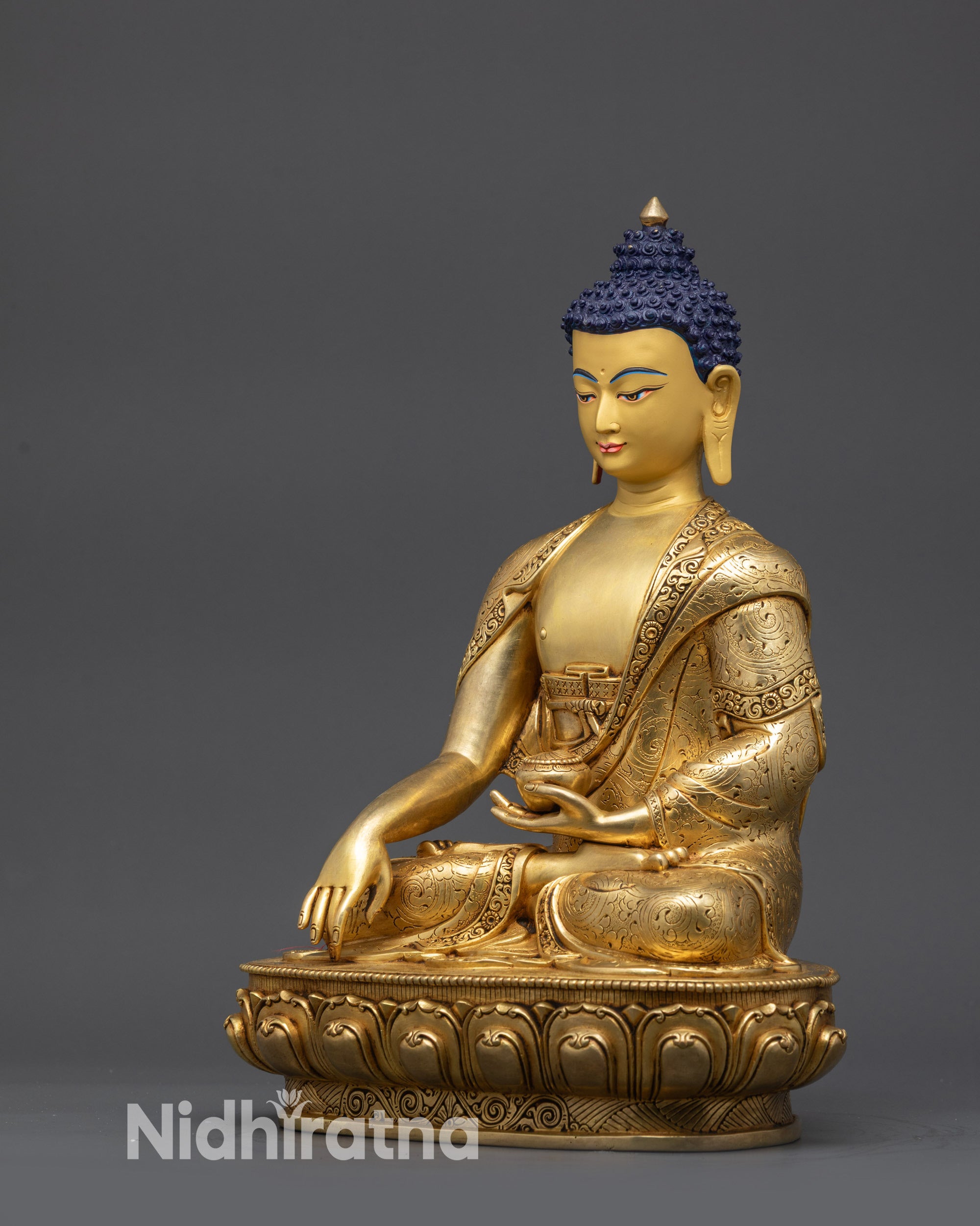 Side angle Buddha Shakyamuni Statue in earth-touching mudra on lotus base