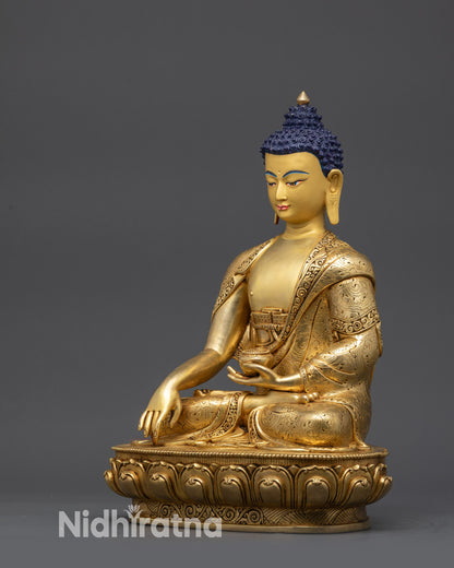 Side angle Buddha Shakyamuni Statue in earth-touching mudra on lotus base