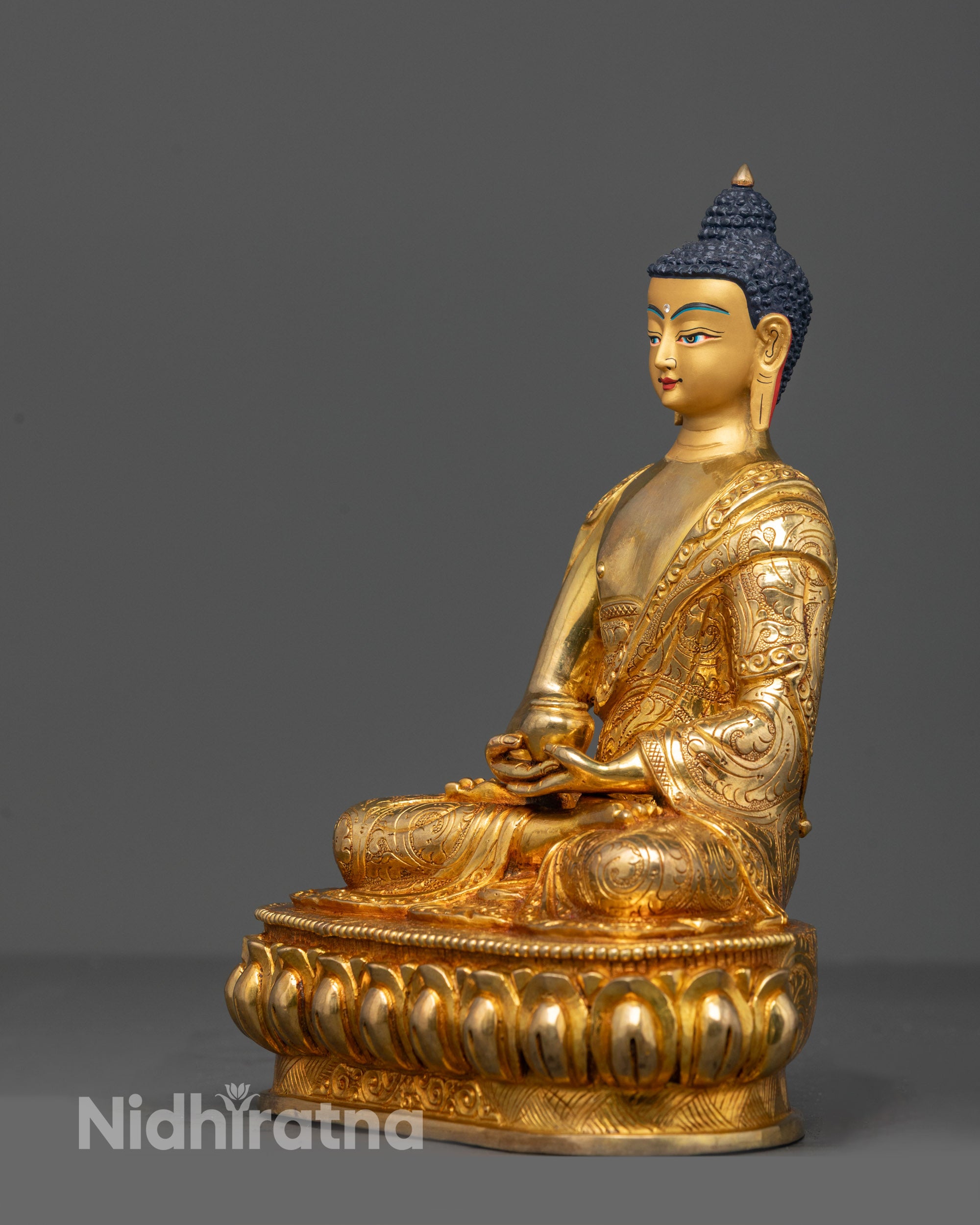 Side angle of Amitabha Buddha Statue emphasizing the hand-carved details
