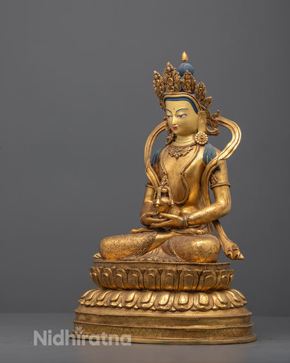 Side angle of Amitayus statue showing swirling scarf and lotus throne details