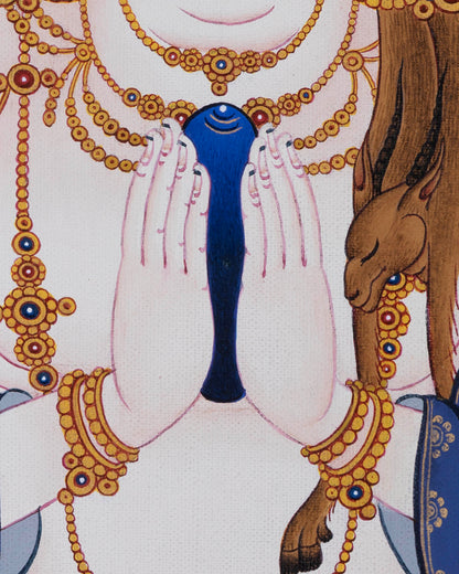 Side angle of Chenrezig Thangka print highlighting wish-fulfilling gem and detailed artwork