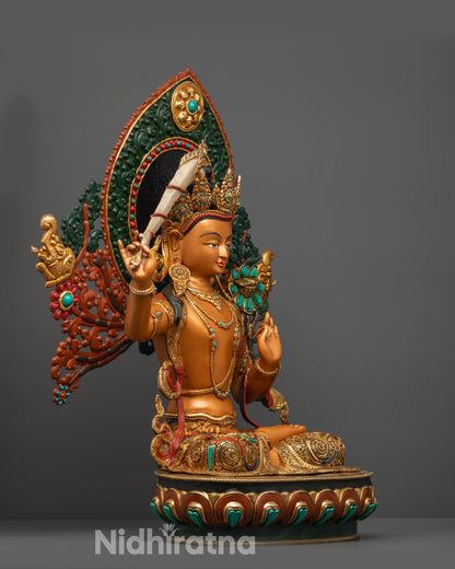 Side angle of Coloured Manjushri Statue showing lotus base and intricate carvings