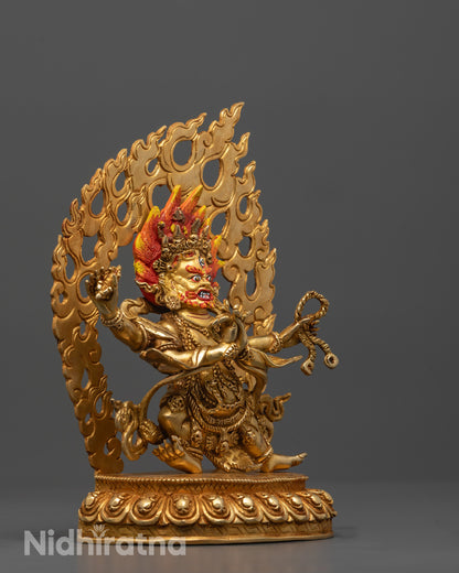 Side angle of Four Armed Vajrapani statue showing four hands holding symbolic ritual objects