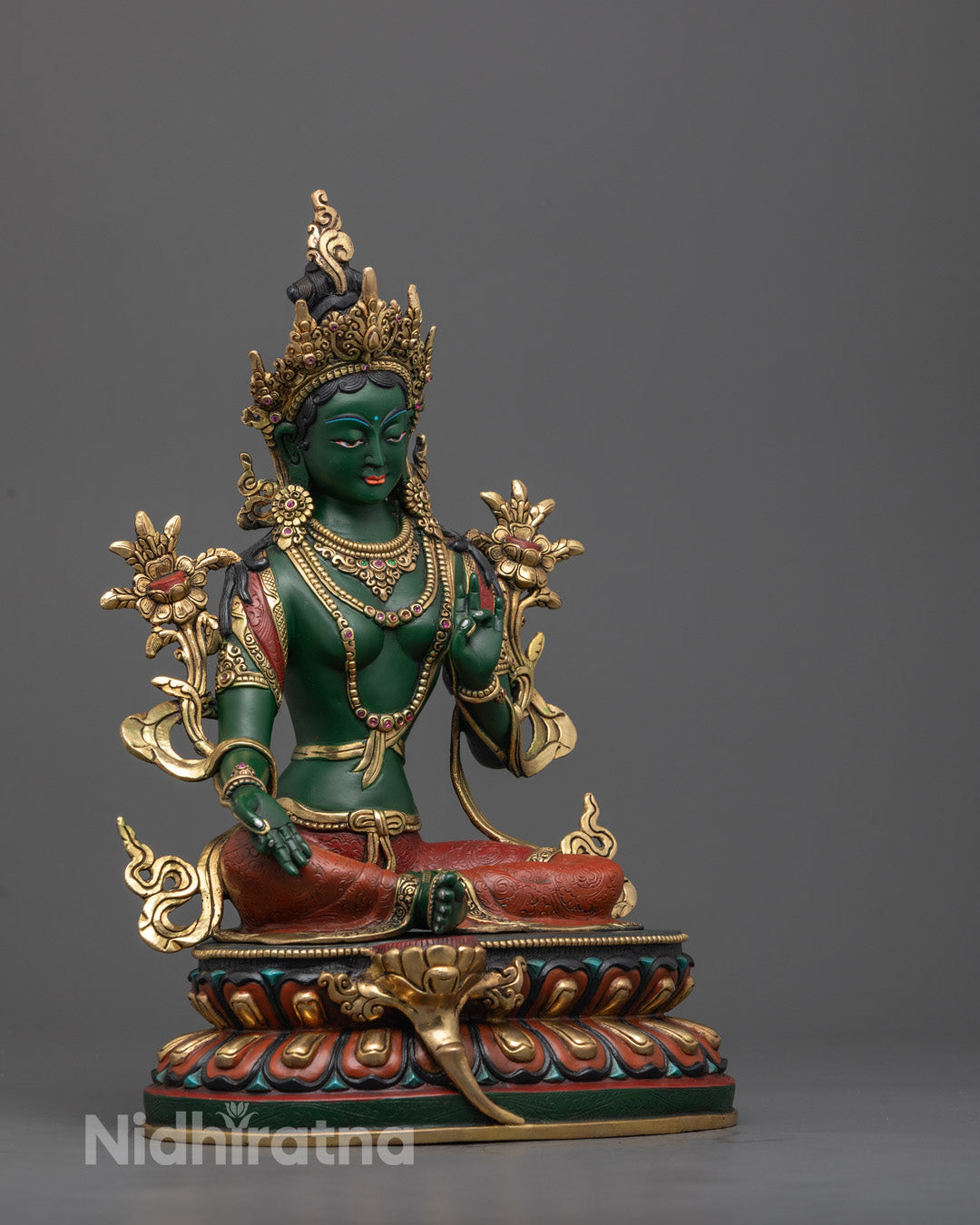 Green Tara Buddha Statue showing intricate details and traditional Tibetan craftsmanship