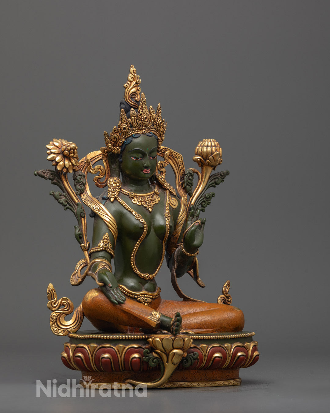 Side angle of Green Tara Sculpture showing detailed craftsmanship