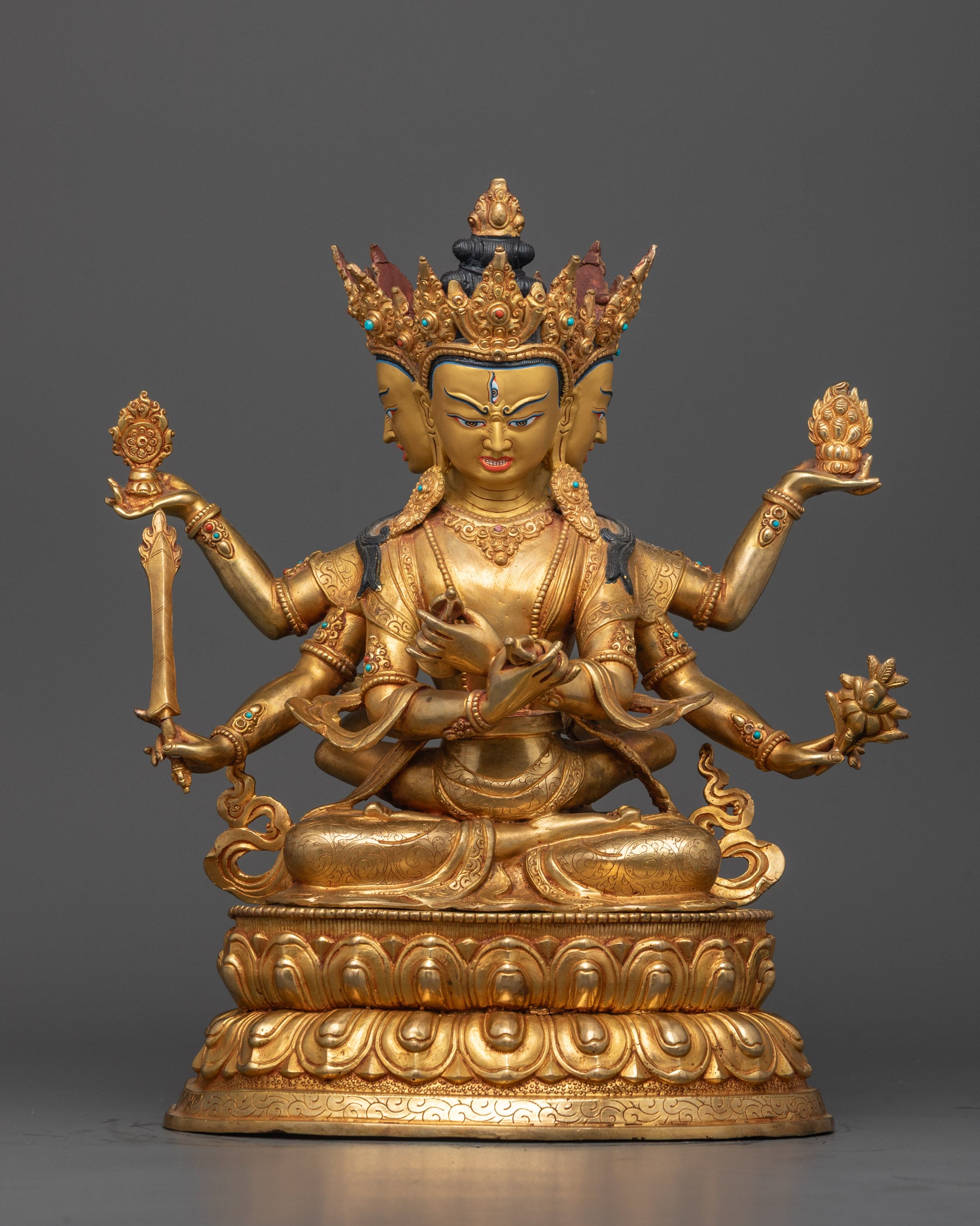 Side angle of Guhyasamaja Statue highlighting the Gold Gilded-finished copper body