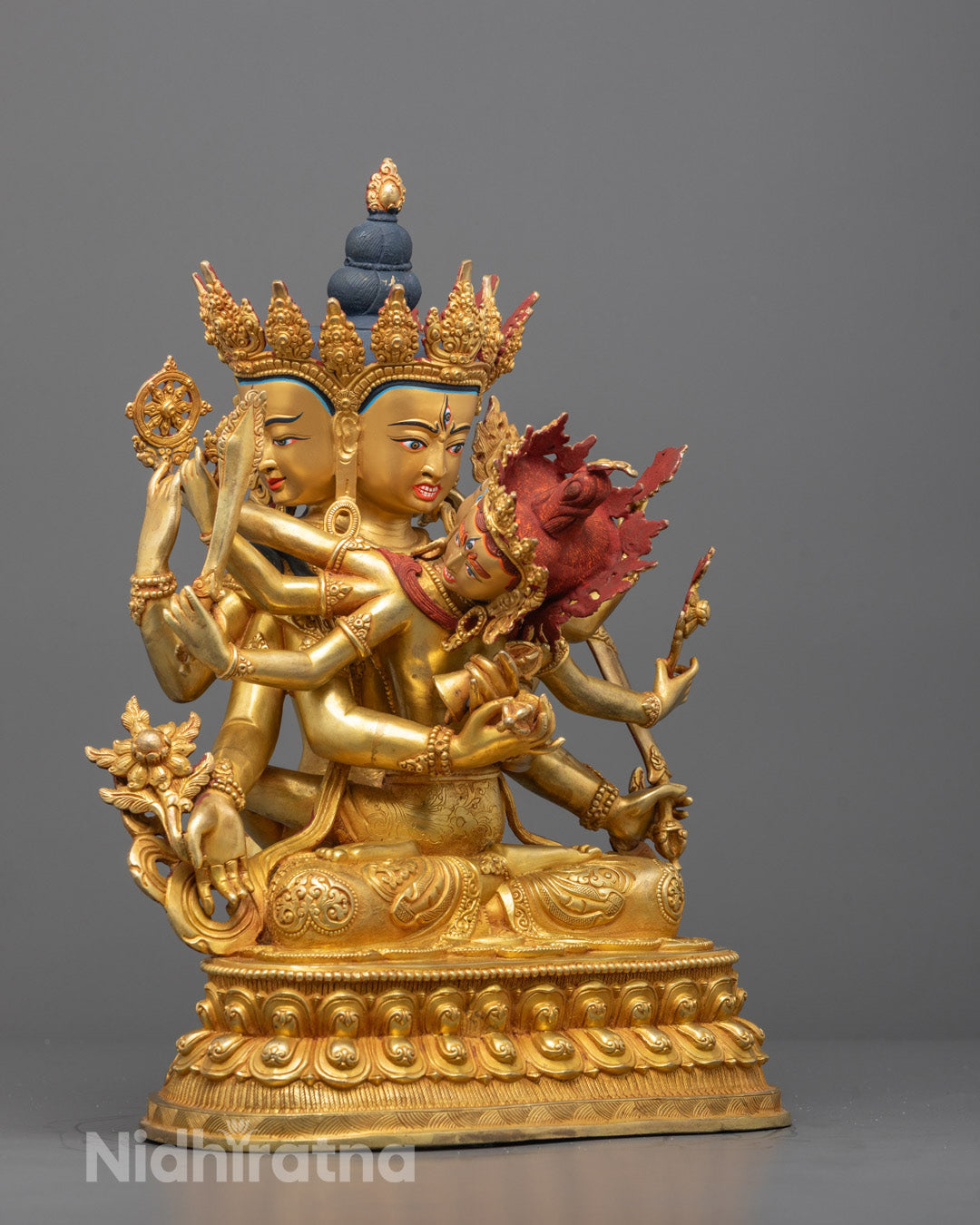 Side angle of Guhyasamaja statue showing the union of wisdom and compassion