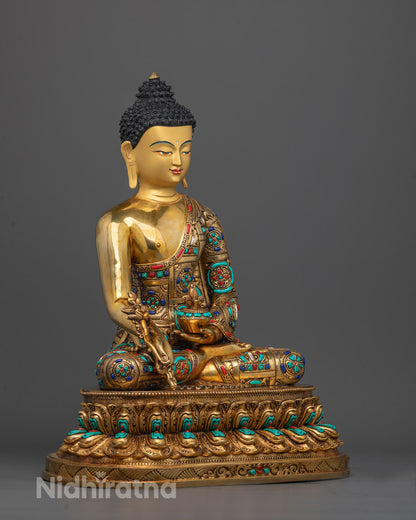 Side angle of Medicine Buddha Bhaisajyaguru Sculpture showing robe and lapis lazuli inlay