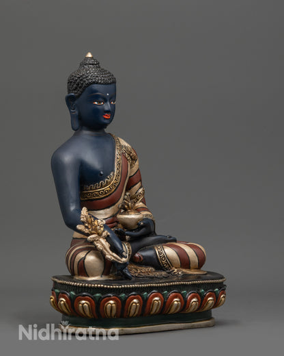 Side angle of Medicine Buddha Statue seated on painted lotus seat