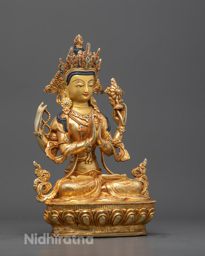 Side angle of Nepalese Chenrezig Statue with detailed craftsmanship