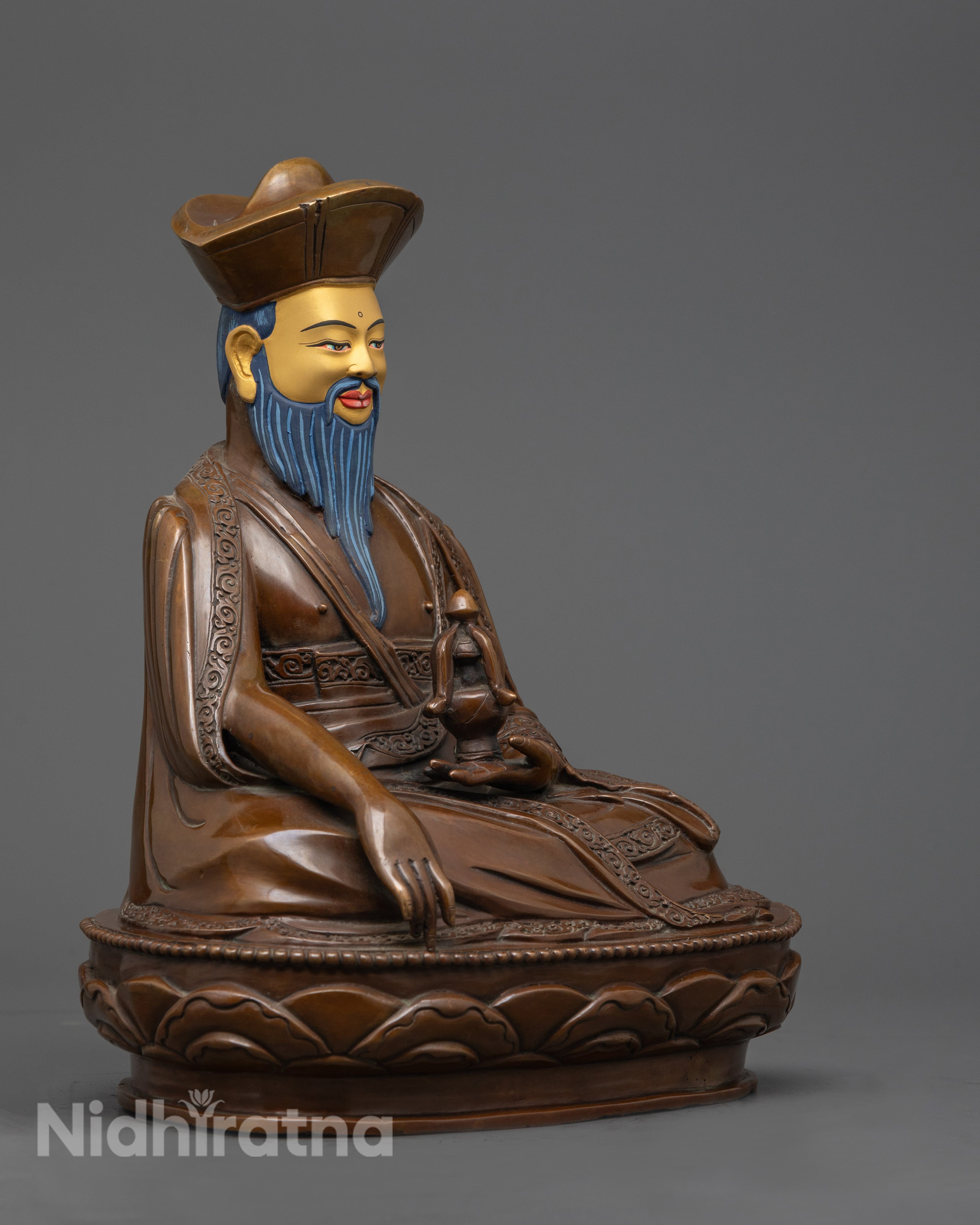 Nepalese Guru Shapdum statue showcasing acrylic color details and sacred mantra chamber.