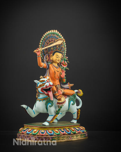 Side angle of Nepalese Manjushri Statue showing detailed lotus base