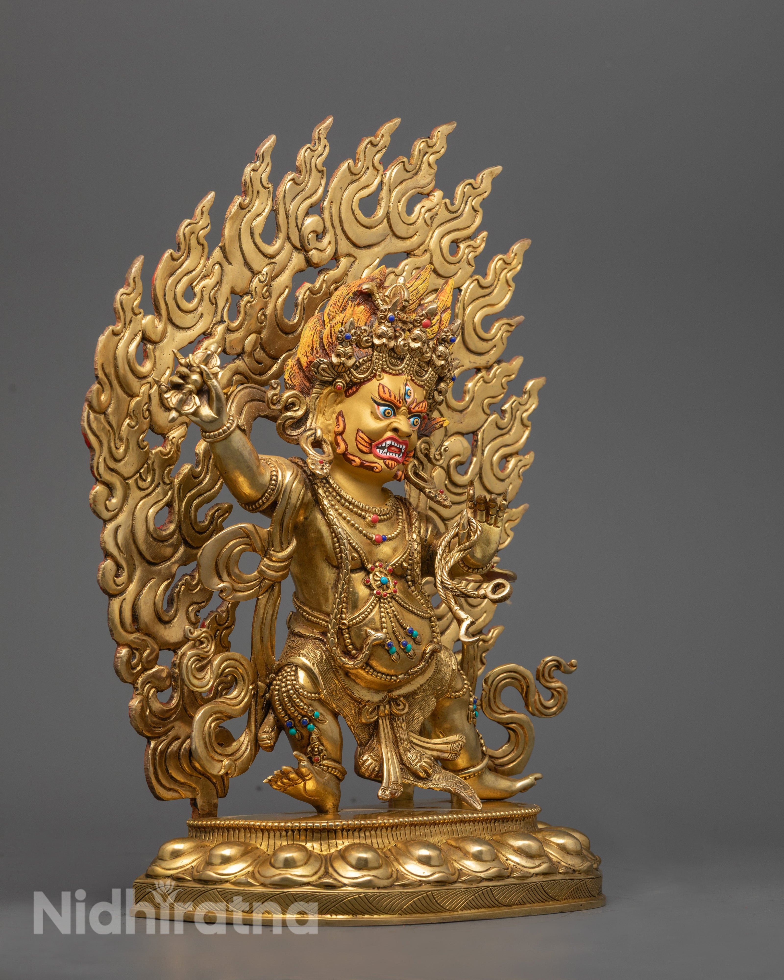 Nepalese Vajrapani Statue showing intricate hand-carved design and hollow mantra chamber