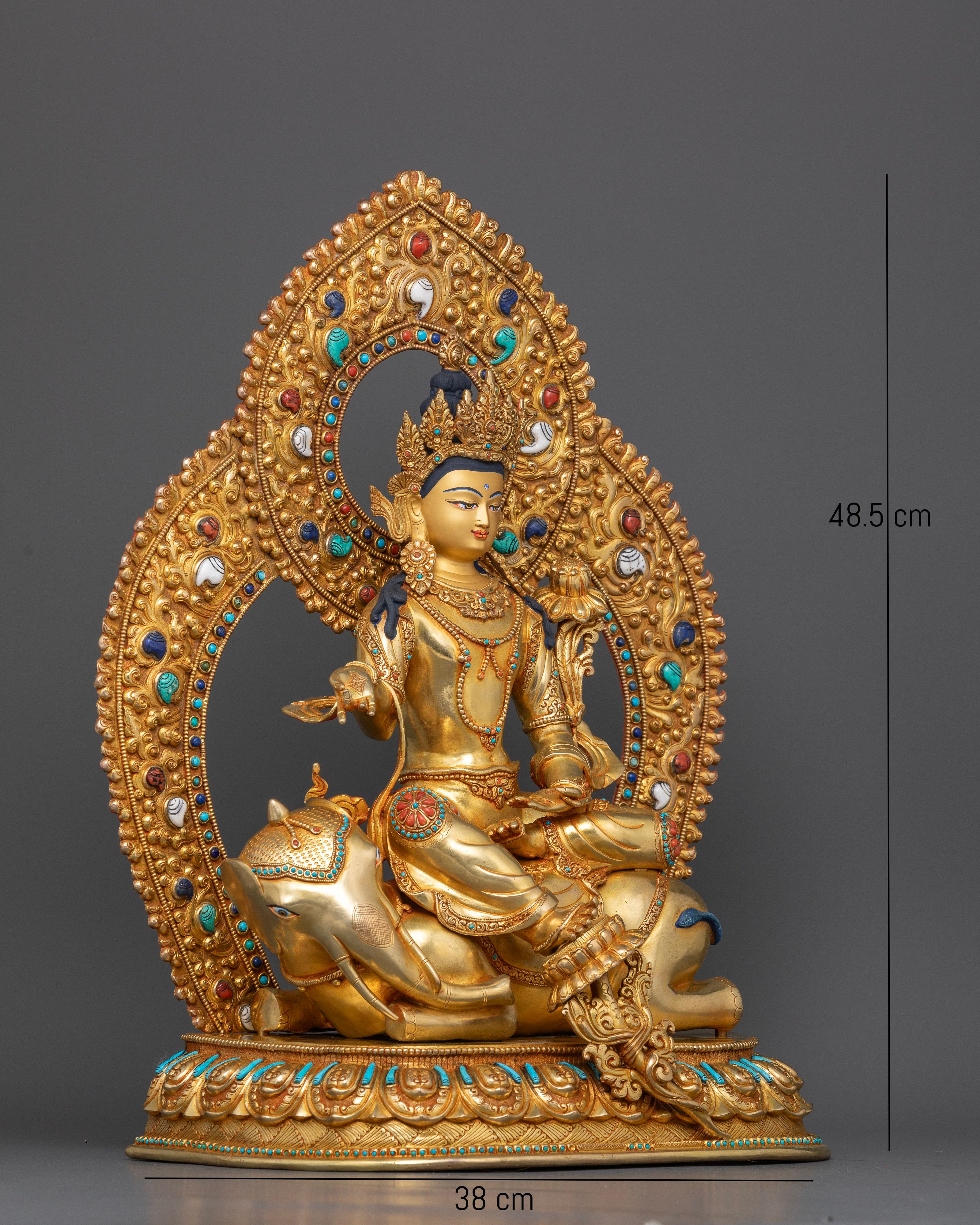 Side angle of Samantabhadra Buddha highlighting swirling robe and semi-precious stones
