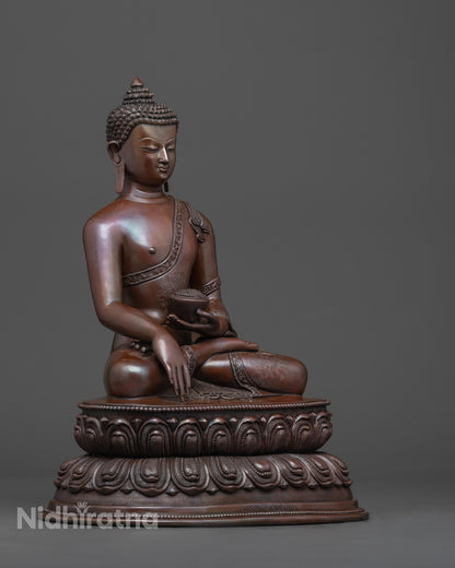 Side angle of Shakyamuni Buddha showing Patra bowl and detailed carvings
