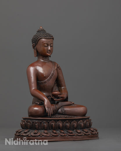 Side angle of Shakyamuni Buddha statue on double-layered lotus seat with natural earthy hue