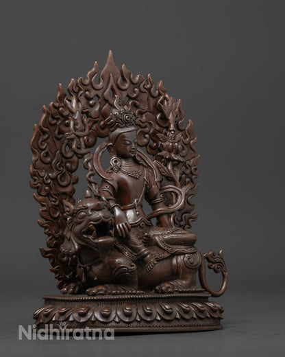 Simhanada Avalokiteshvara Sculpture highlighting the lion base and flowing robes in traditional design