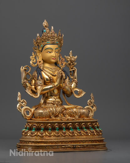 Side angle of Tibetan Avalokiteshvara Mantra Sculpture, gold fire-gilded body with bright finish