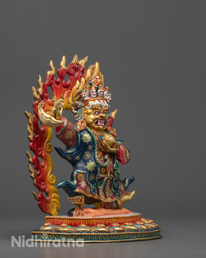 Side angle of Tibetan Mahakala Bernagchen Statue standing on lotus base