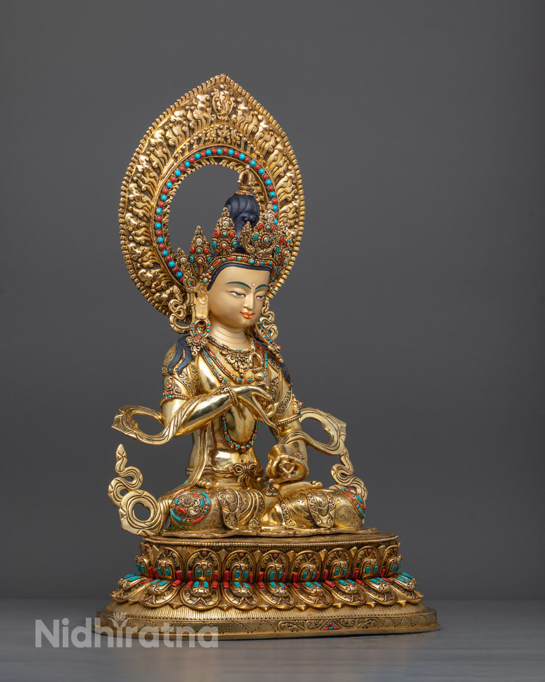Side angle of Vajra Hero Dorje Sempa Statue showing floating robe and vajra in hand