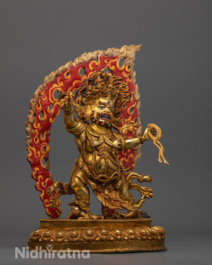 Side angle of Vajrapani Statue showcasing the dynamic posture and fire gilding craftsmanship