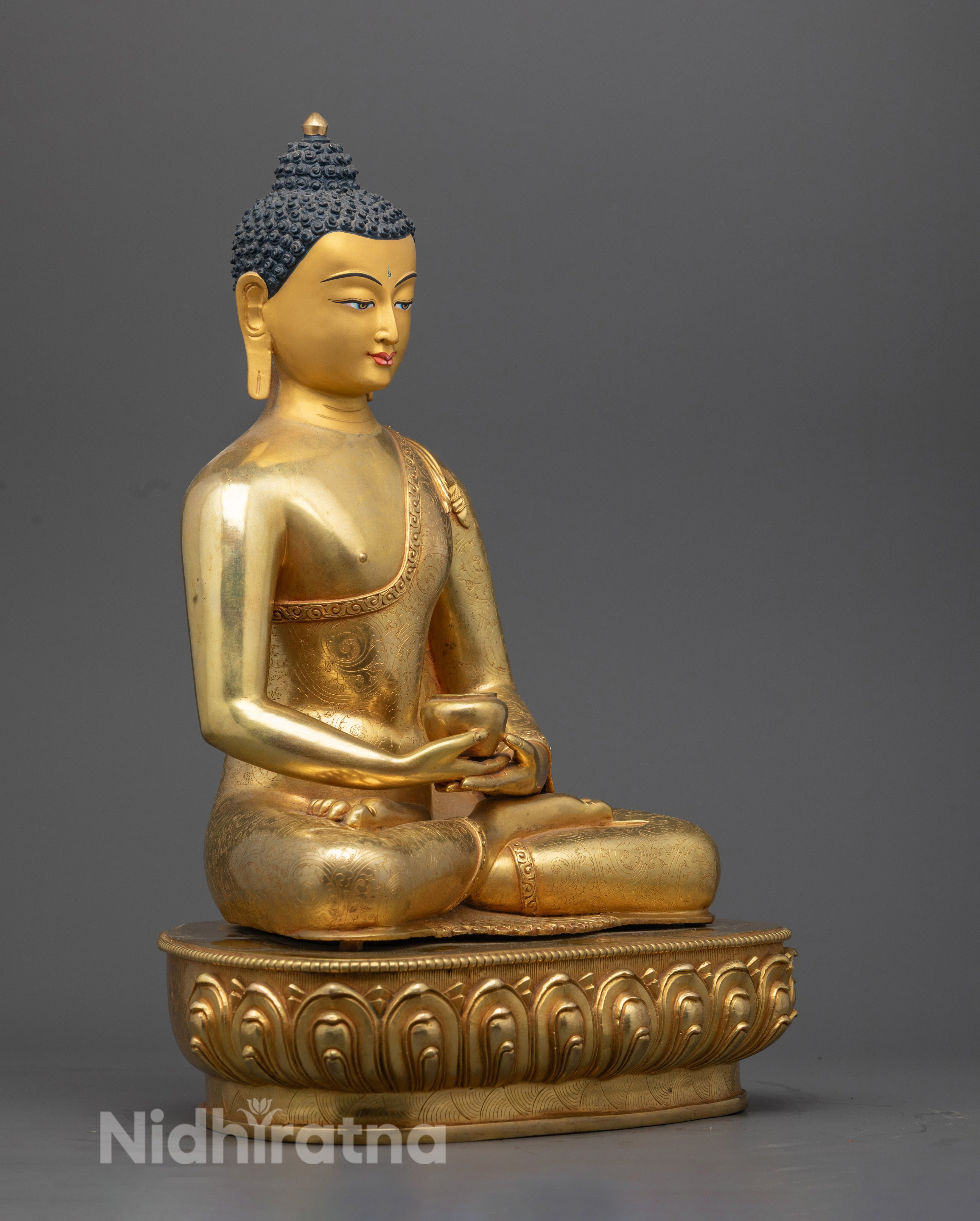 Amitabha Buddha Statue highlighting the flowing robe design, hand-carved lotus throne, and fine craftsmanship.