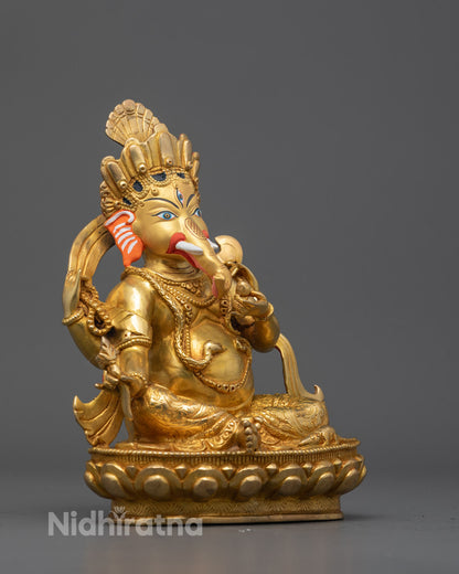 Side angle of artisan-crafted Ganesha statue showing intricate carvings from head to base