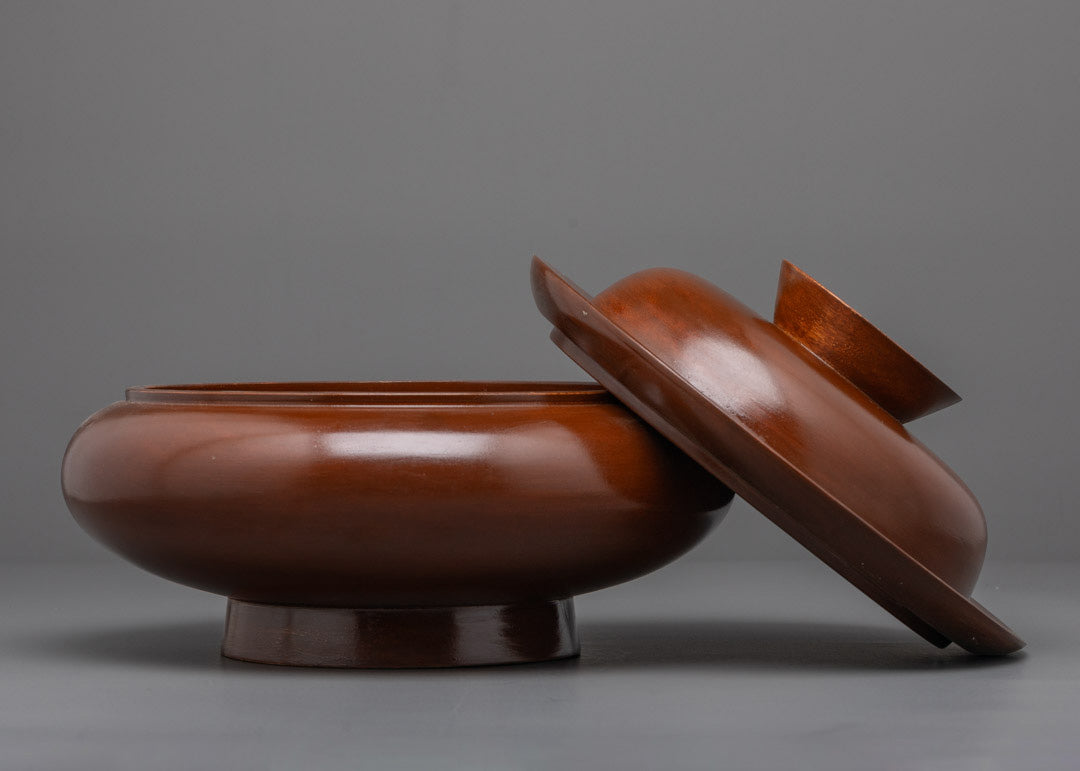 Side angle of authentic Tibetan Paru wooden ritual bowl used in ceremonies