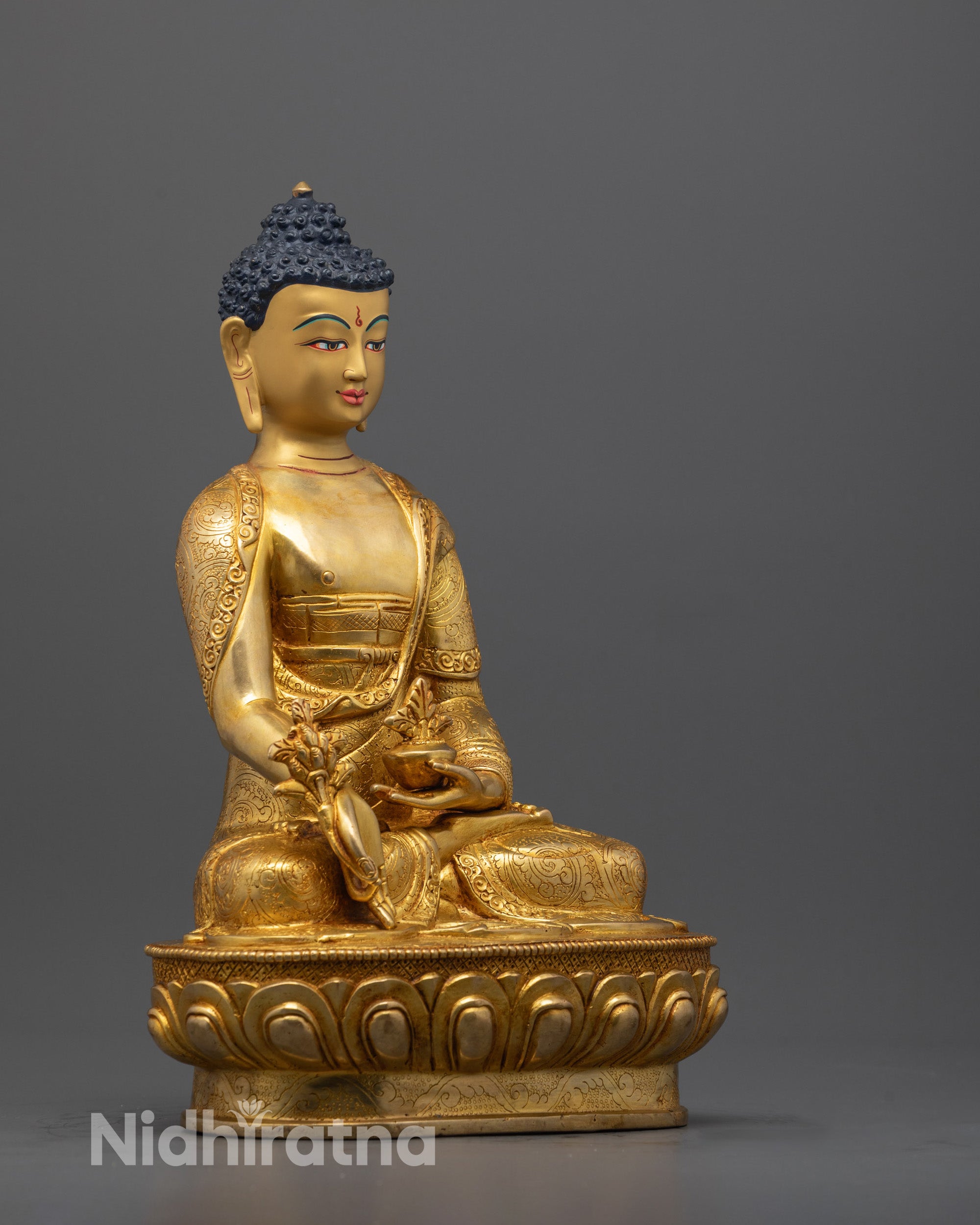 Side angle of copper Medicine Buddha Statue with hollow consecration chamber