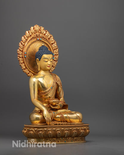 Side angle of hand-carved Shakyamuni Buddha statue showcasing traditional robe folds