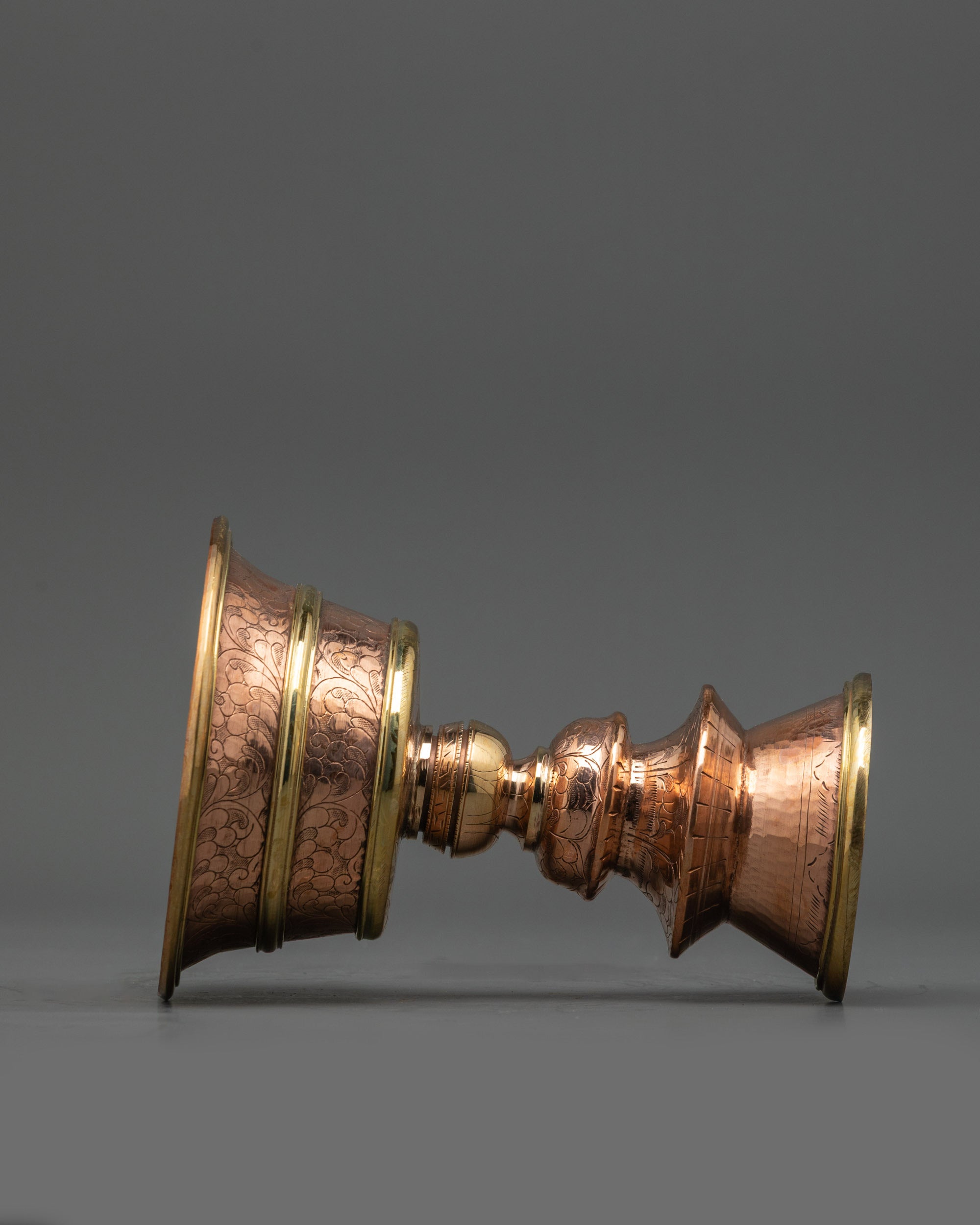 Side angle of handcrafted Copper and Brass Buddhist Butter Lamp for rituals