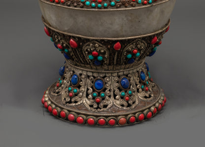 Side angle of handcrafted Dhupur Rice Pot adorned with coral, turquoise, and lapis lazuli
