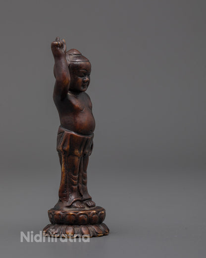 Side angle of handcrafted Little Buddha Idol showing lotus throne and oxidized copper details