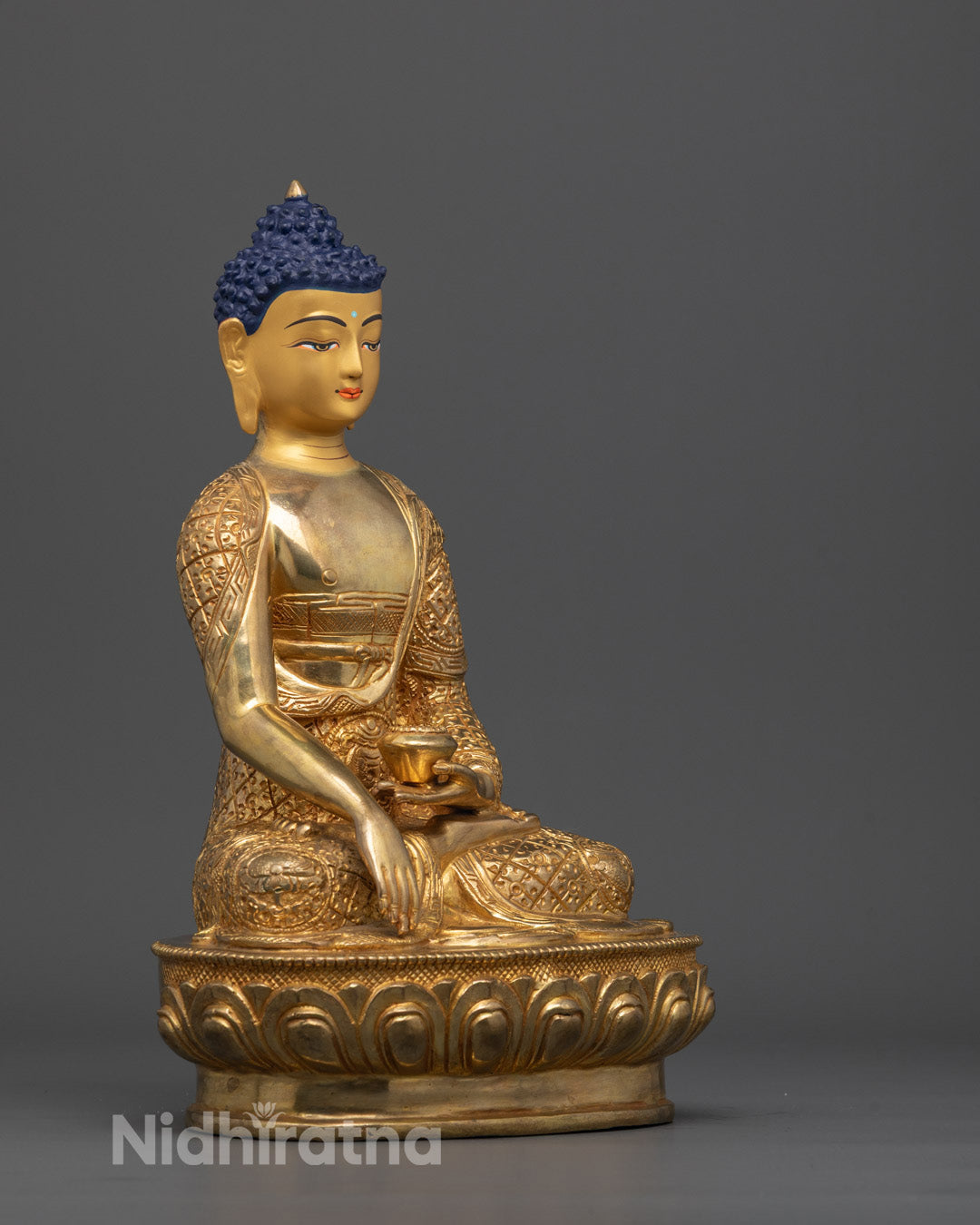 Side angle of handcrafted Namo Shakyamuni Buddha Sculpture in Bhumisparsha Mudra