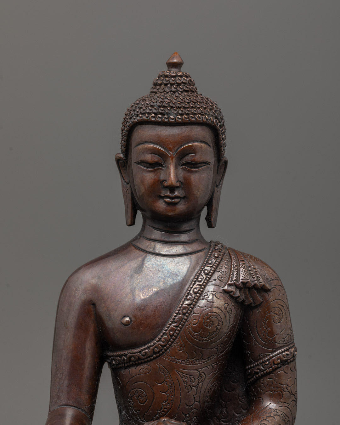 Side angle of handcrafted Oxidized Shakyamuni Buddha Statue made with lost wax casting