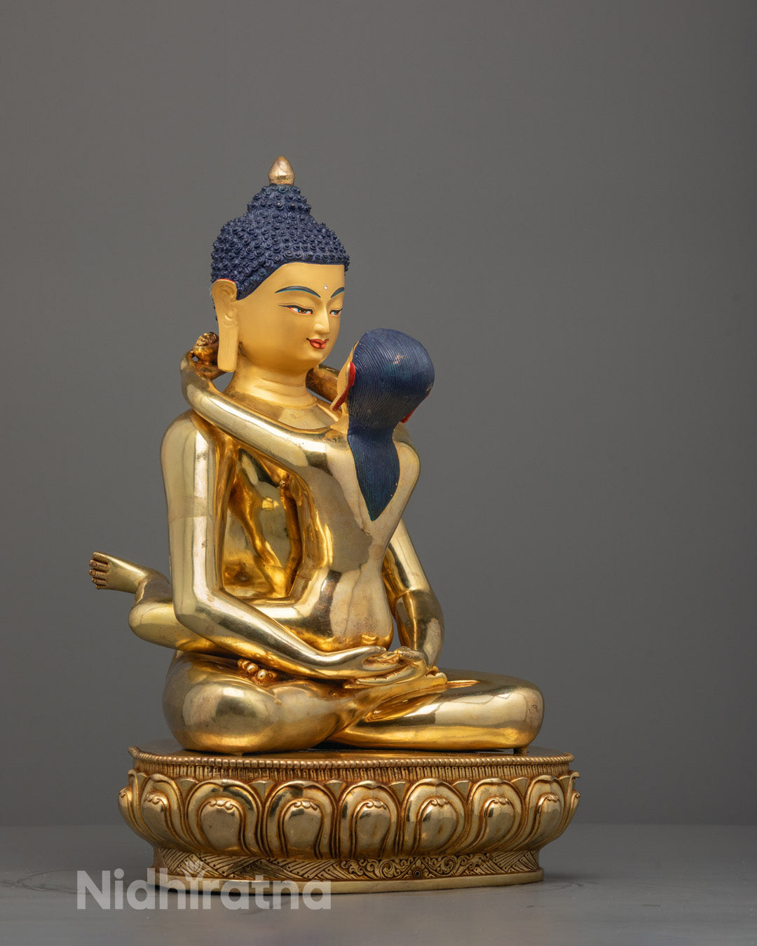 Side angle of handcrafted Samantabhadra Consort Statue seated on lotus throne