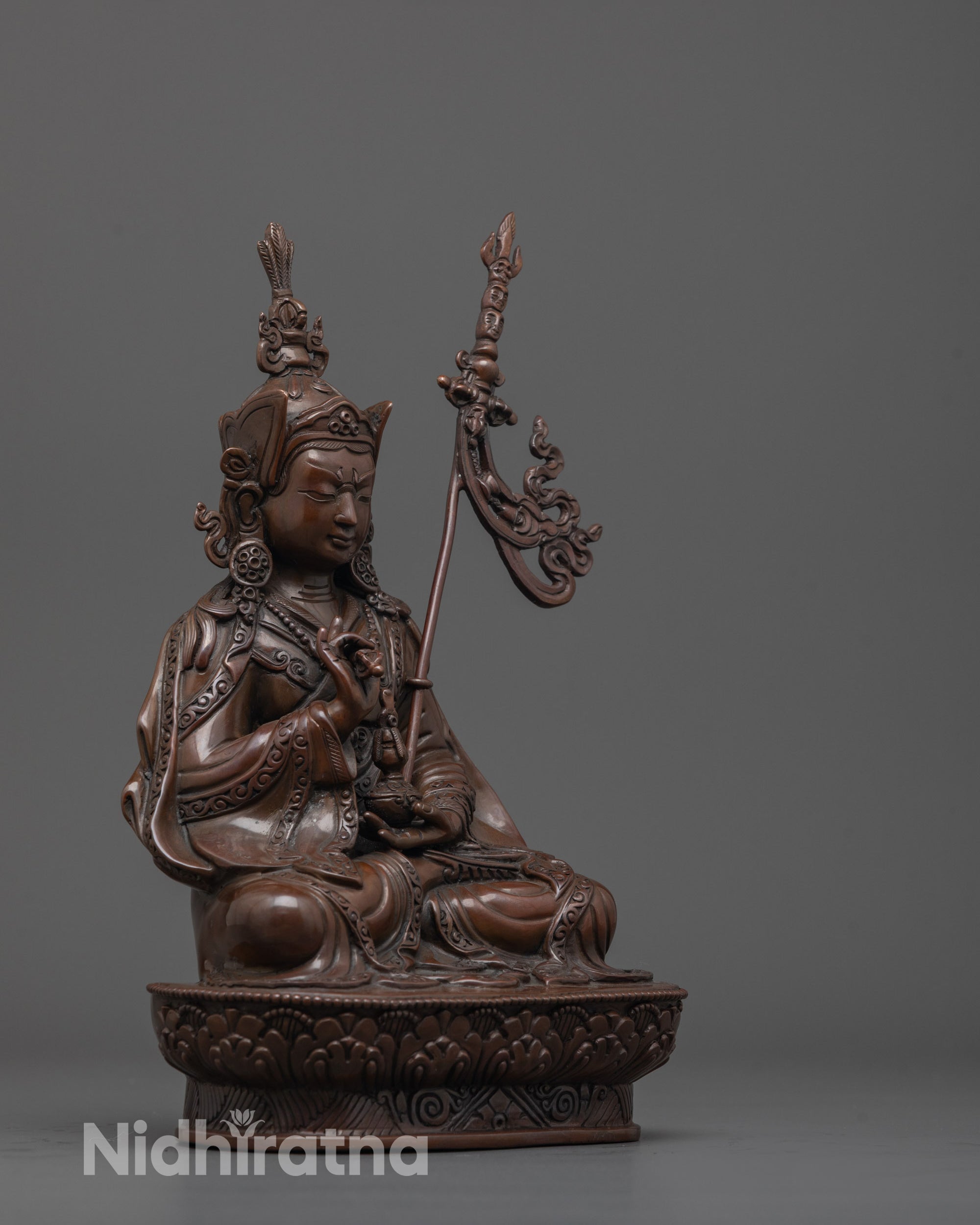 Side angle of handcrafted Tsokye Dorje Statue highlighting lost wax casting details and robe folds