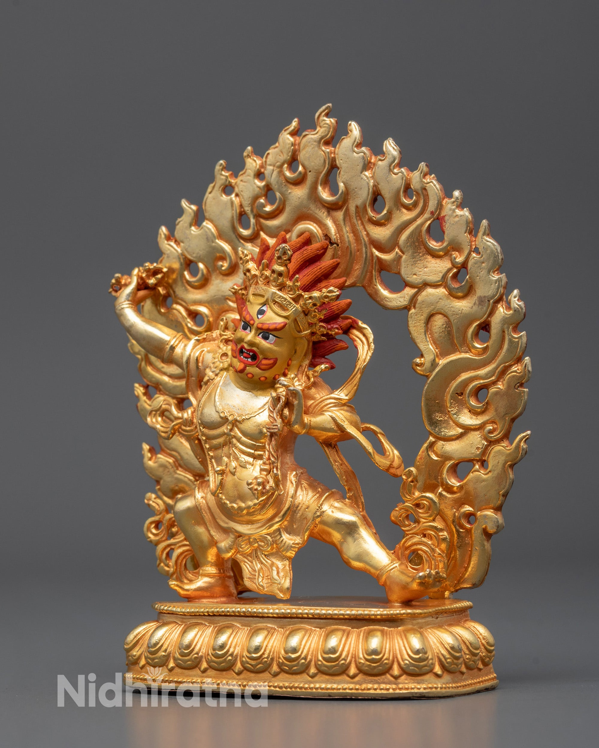 Side angle of machine-made Vajrapani Statue from Nepal showing detailed ornaments