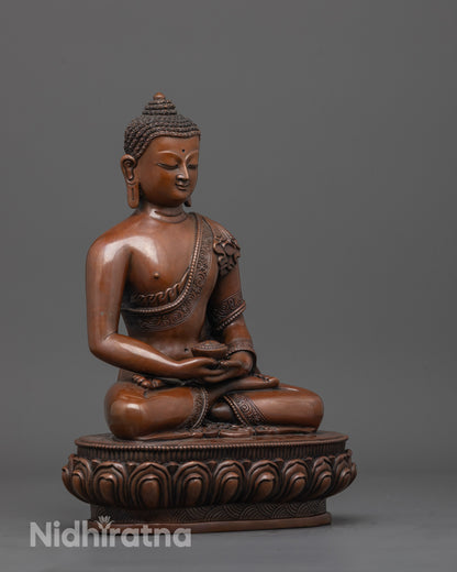 Side angle of oxidized copper Amida Buddha statue showing dhyana mudra posture