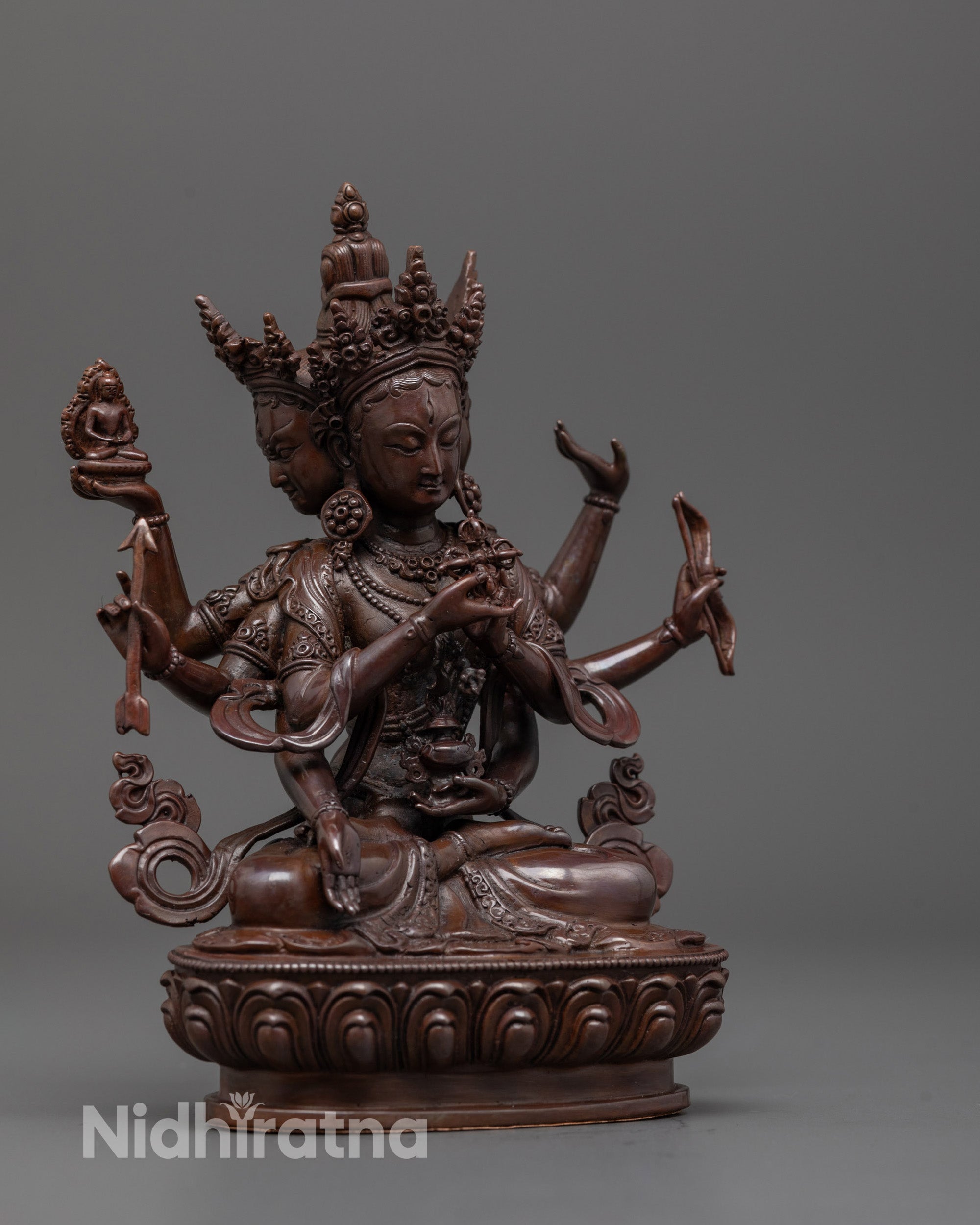 Side angle of precision-crafted Namgyalma statue highlighting six hands and smooth electroplated finish
