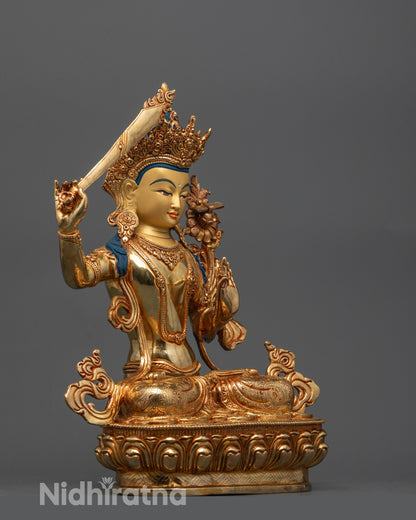 Side angle of premium copper Manjushri Statue from Nepal