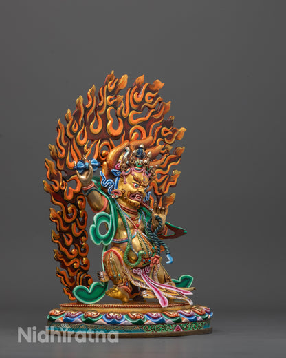 Side angle of the Vajrapani Statue showcasing intricate hand-carved details