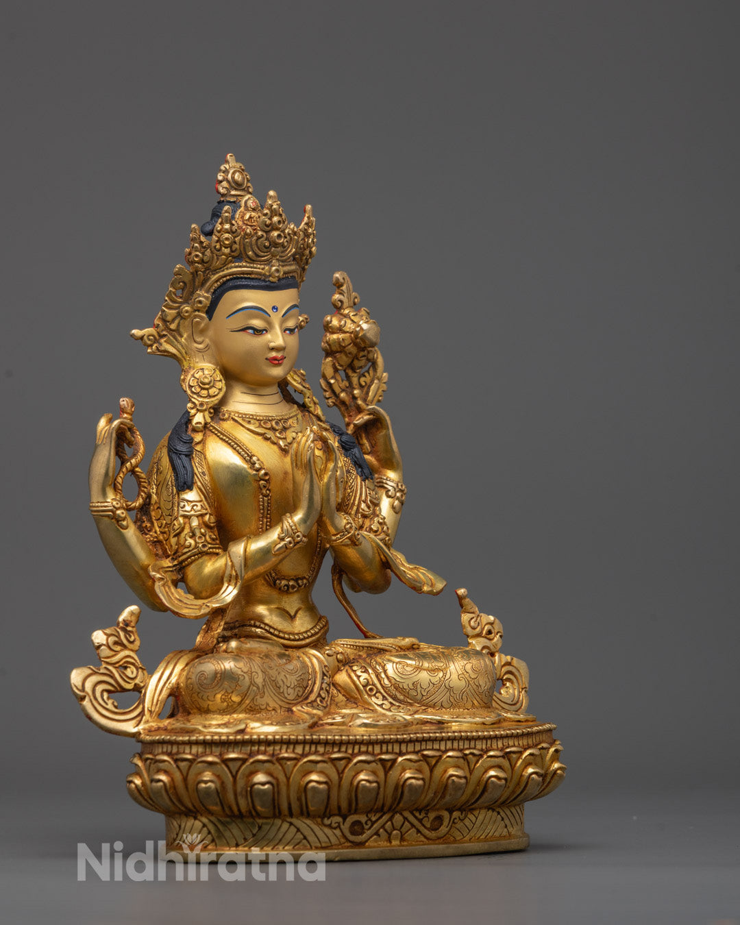 Side angle of the handcrafted Chenrezig Statue highlighting detailed