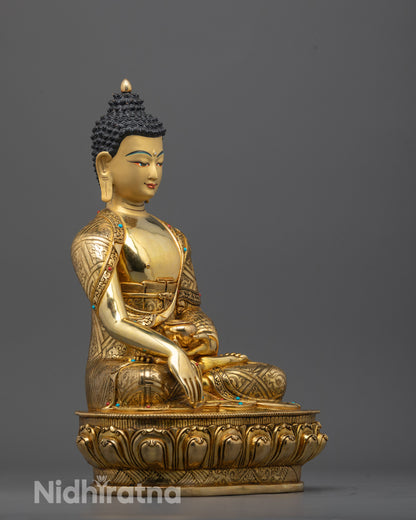 Side angle showing Buddha Shakyamuni statue holding alms bowl in earth-touching mudra pose