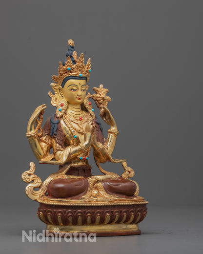 Side angle showing delicate craftsmanship on Chenrezig Bodhisattva statue’s head to toe carvings.
