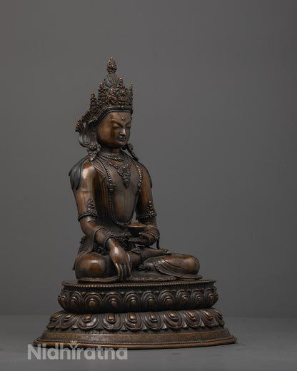 Side angle showing detailed carvings on oxidized copper Jowo Shakyamuni Buddha statue
