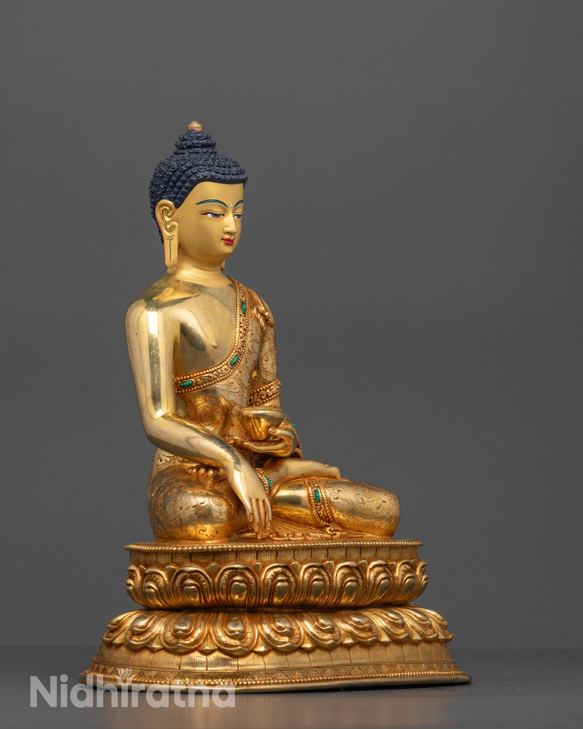 Side angle showing detailed craftsmanship of 24k gold fire gilded Shakyamuni Buddha Statue