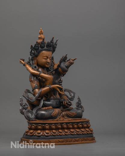 Side angle showing detailed lotus base and dual-shade oxidized copper craftsmanship