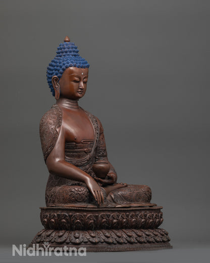 Side angle showing double-layered lotus seat and earthy oxidized copper finish